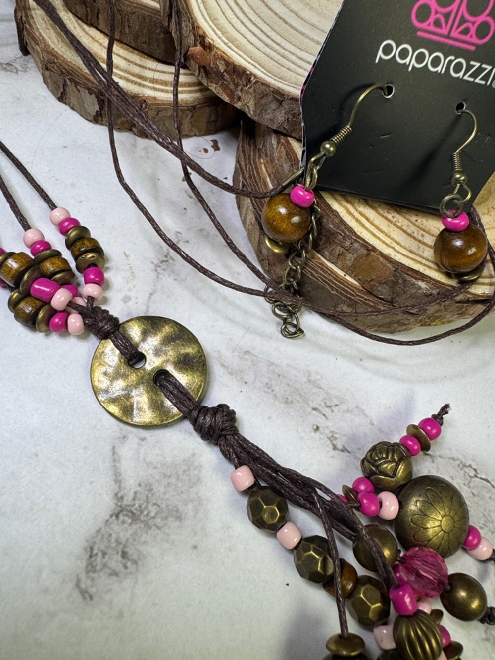 paparazzi Pink and Bronze Beaded Boho Leaf Long Necklace with Earrings - Picture 3 of 3